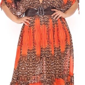 Fashion Nova Orange & Brown Leopard Print Maxi Dress with Belt